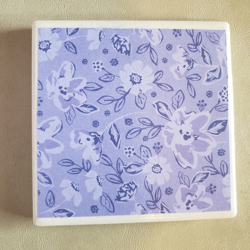 INDIVIDUAL DECOUPAGE SINGLE TILE COASTER WITH LAVENDER FLORAL DESIGN